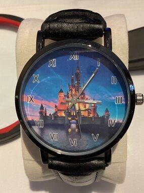 Unbranded Black Leather Strap Watch with Blue Castle Dial